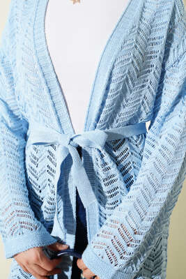 Zikzak Ajurlu Kuşaklı Triko Hırka Mavi - Hırka