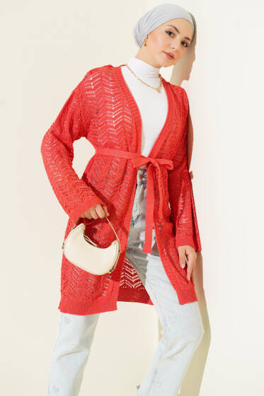 Zikzak Ajurlu Kuşaklı Triko Hırka Mercan - Hırka