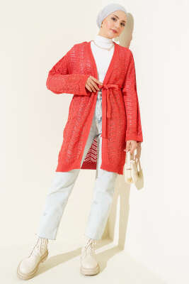 Zikzak Ajurlu Kuşaklı Triko Hırka Mercan - Hırka