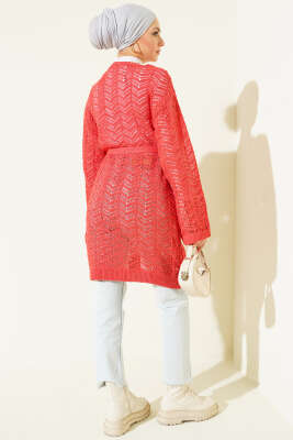 Zikzak Ajurlu Kuşaklı Triko Hırka Mercan - Hırka