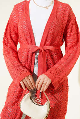 Zikzak Ajurlu Kuşaklı Triko Hırka Mercan - Hırka