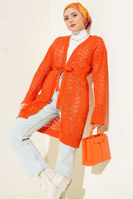 Zikzak Ajurlu Kuşaklı Triko Hırka Oranj - RAFİMİX