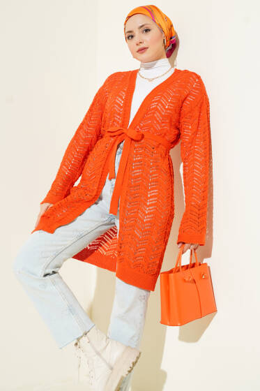 Zikzak Ajurlu Kuşaklı Triko Hırka Oranj - Hırka