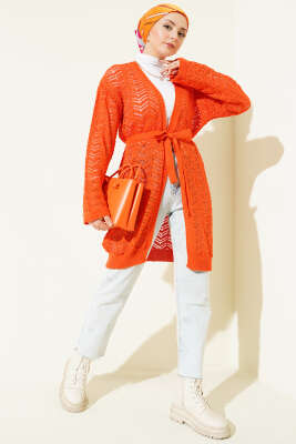 Zikzak Ajurlu Kuşaklı Triko Hırka Oranj - Hırka