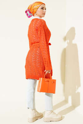 Zikzak Ajurlu Kuşaklı Triko Hırka Oranj - Hırka