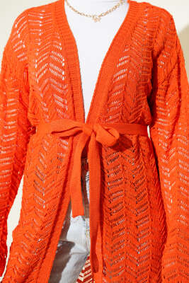 Zikzak Ajurlu Kuşaklı Triko Hırka Oranj - Hırka