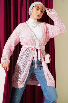 Zikzak Ajurlu Kuşaklı Triko Hırka Pembe - RAFİMİX