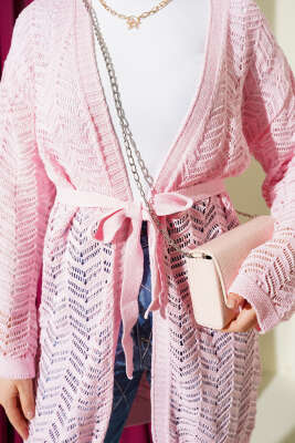 Zikzak Ajurlu Kuşaklı Triko Hırka Pembe - Hırka