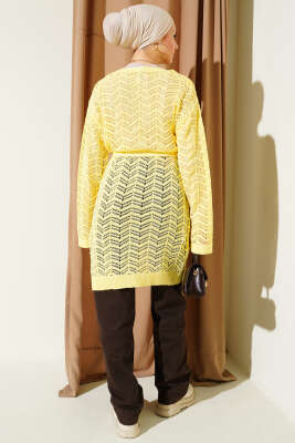 Zikzak Ajurlu Kuşaklı Triko Hırka Sarı - Hırka