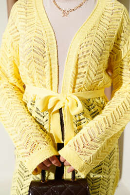 Zikzak Ajurlu Kuşaklı Triko Hırka Sarı - Hırka