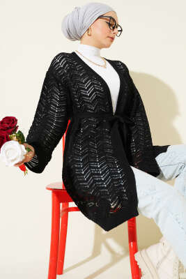 Zikzak Ajurlu Kuşaklı Triko Hırka Siyah - RAFİMİX