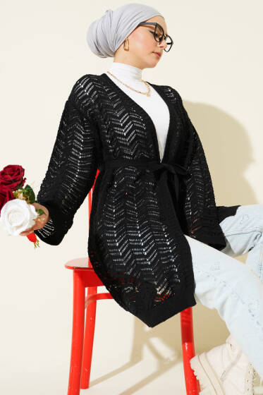 Zikzak Ajurlu Kuşaklı Triko Hırka Siyah - Hırka