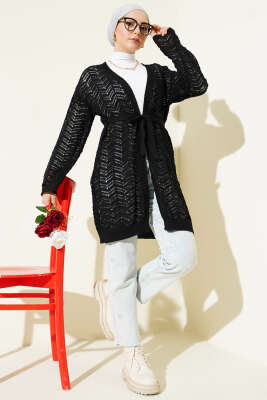 Zikzak Ajurlu Kuşaklı Triko Hırka Siyah - Hırka