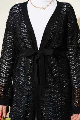 Zikzak Ajurlu Kuşaklı Triko Hırka Siyah - Hırka