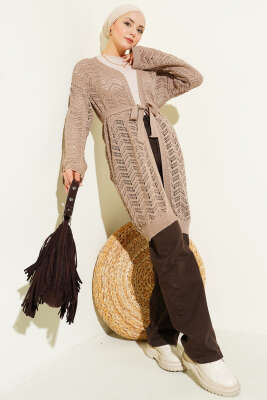 Zikzak Ajurlu Kuşaklı Triko Hırka Vizon - Hırka