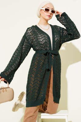 Zikzak Ajurlu Kuşaklı Triko Hırka Zümrüt - RAFİMİX