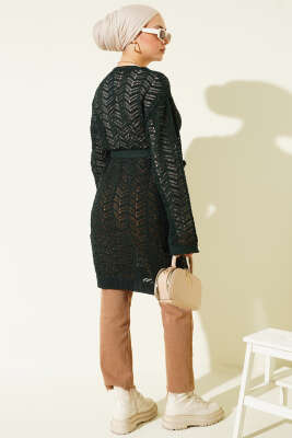 Zikzak Ajurlu Kuşaklı Triko Hırka Zümrüt - Hırka