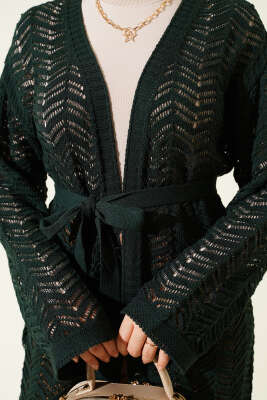 Zikzak Ajurlu Kuşaklı Triko Hırka Zümrüt - Hırka