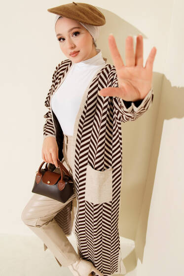 Zikzak Çizgili Desenli Uzun Triko Hırka Bej Kahve - Hırka