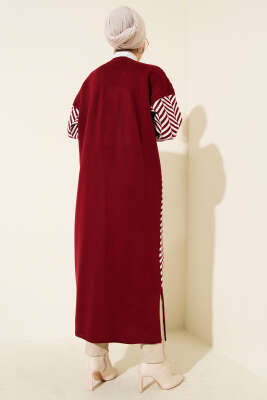 Zikzak Çizgili Desenli Uzun Triko Hırka Bordo - 500-700 TL Ürünler