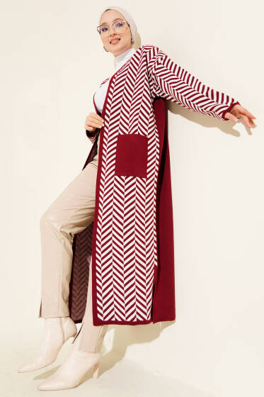 Zikzak Çizgili Desenli Uzun Triko Hırka Bordo - Hırka