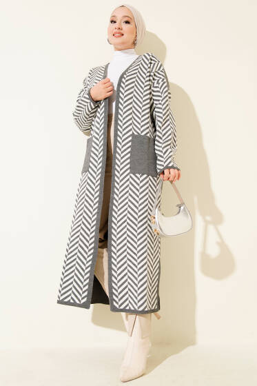 Zikzak Çizgili Desenli Uzun Triko Hırka Gri Beyaz - Hırka