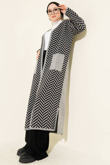 Zikzak Çizgili Desenli Uzun Triko Hırka Gri Siyah - Hırka