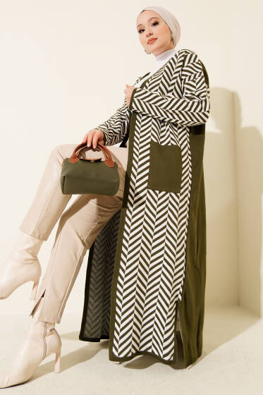 Zikzak Çizgili Desenli Uzun Triko Hırka Haki - Hırka