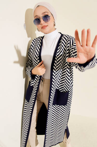 Zikzak Çizgili Desenli Uzun Triko Hırka Lacivert - Hırka