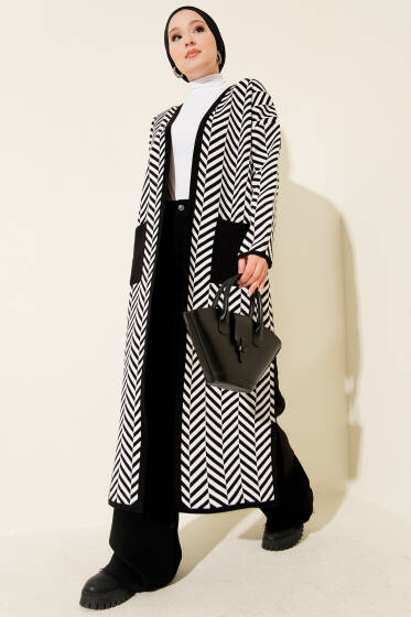 Zikzak Çizgili Desenli Uzun Triko Hırka Siyah - Hırka