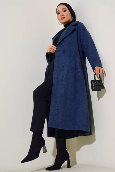 Zikzak Çizgili Kruvaze Yaka Kaban İndigo - Kaban