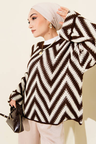 Zikzak Desen Ajurlu Triko Kazak Kahve - Triko Kazak