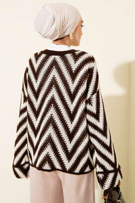 Zikzak Desen Ajurlu Triko Kazak Kahve - Triko Kazak