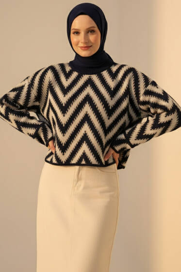 Zikzak Desen Ajurlu Triko Kazak Lacivert - Triko Kazak