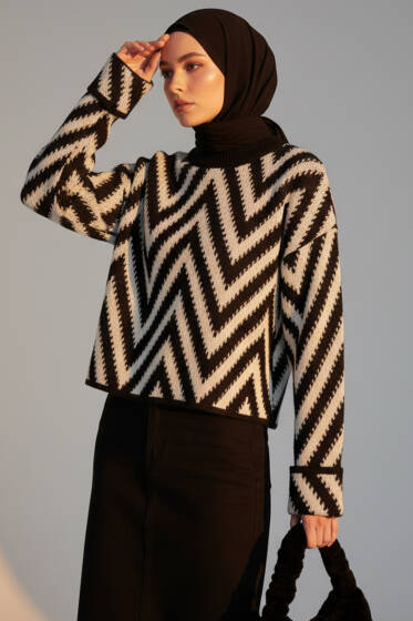 Zikzak Desen Ajurlu Triko Kazak Siyah - Triko Kazak