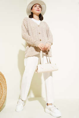 Zikzak Desen Düğmeli Triko Hırka Bej - Triko Hırka