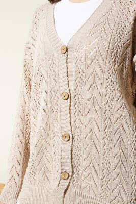 Zikzak Desen Düğmeli Triko Hırka Bej - Triko Hırka