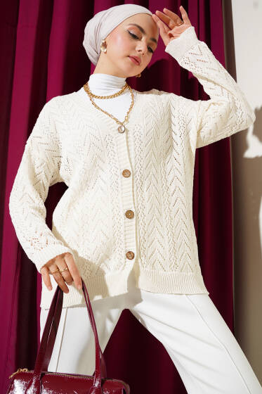 Zikzak Desen Düğmeli Triko Hırka Ekru - Hırka