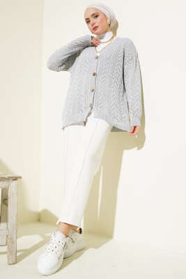 Zikzak Desen Düğmeli Triko Hırka Gri - Triko Hırka