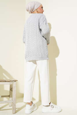Zikzak Desen Düğmeli Triko Hırka Gri - Triko Hırka
