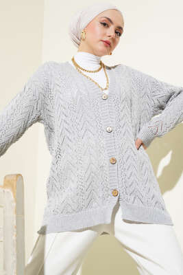 Zikzak Desen Düğmeli Triko Hırka Gri 