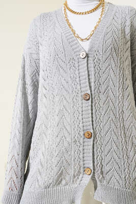 Zikzak Desen Düğmeli Triko Hırka Gri - Triko Hırka