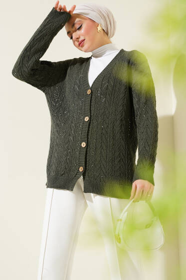 Zikzak Desen Düğmeli Triko Hırka Haki - Hırka