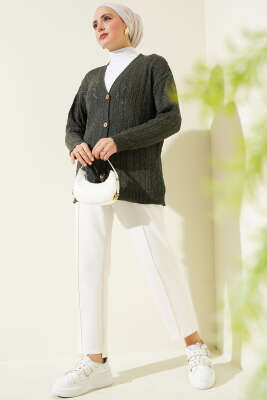 Zikzak Desen Düğmeli Triko Hırka Haki - Triko Hırka