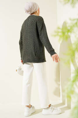 Zikzak Desen Düğmeli Triko Hırka Haki - Triko Hırka