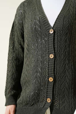 Zikzak Desen Düğmeli Triko Hırka Haki - Triko Hırka