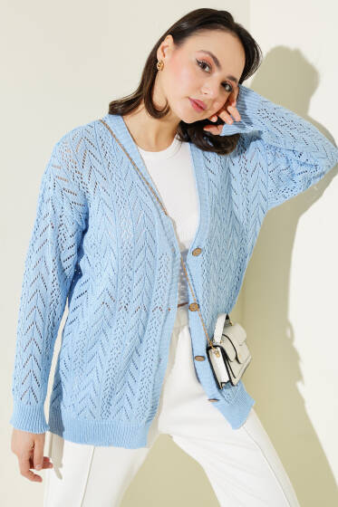 Zikzak Desen Düğmeli Triko Hırka Mavi - Hırka