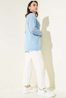 Zikzak Desen Düğmeli Triko Hırka Mavi - Triko Hırka