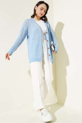 Zikzak Desen Düğmeli Triko Hırka Mavi - Triko Hırka