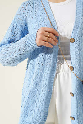 Zikzak Desen Düğmeli Triko Hırka Mavi - Triko Hırka